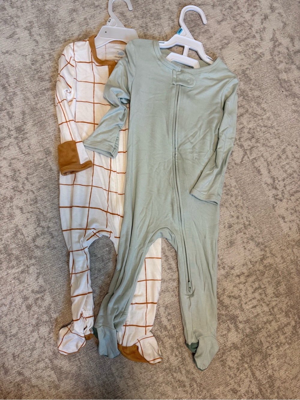Soft Sage Footed One-Piece Sleepers – Sage Green & Cream/Cinnamon Grid
